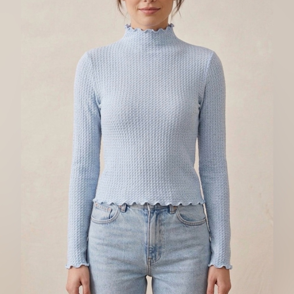 Garage Pale Blue Textured Ruffle Neck Top